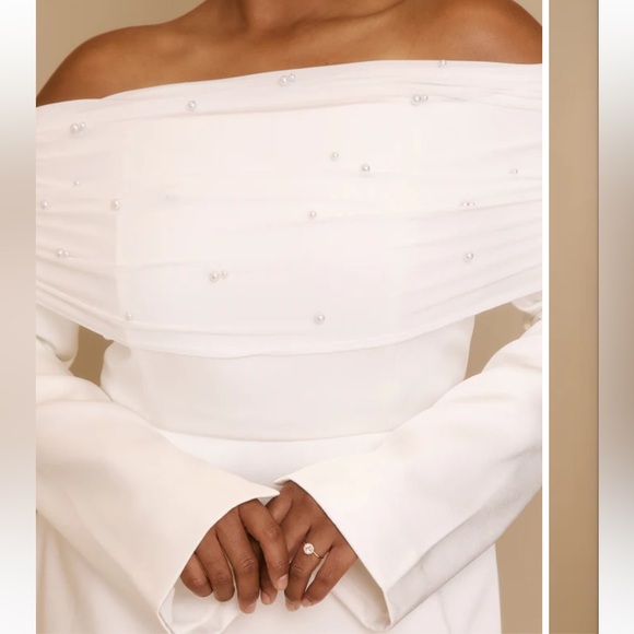 Pearl Trim Bardot Mini Dress - White - Picture 3 of 5